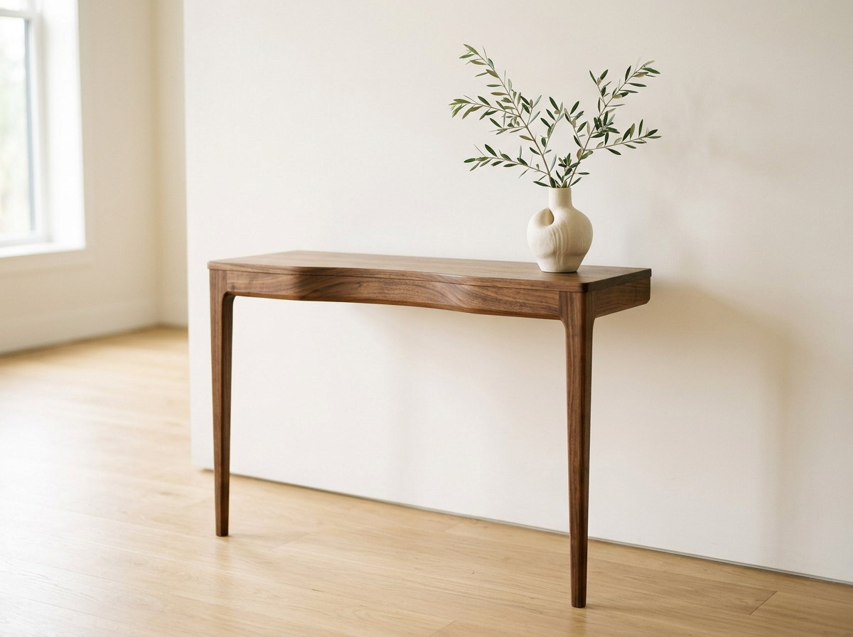 Walnut console and leafy vase