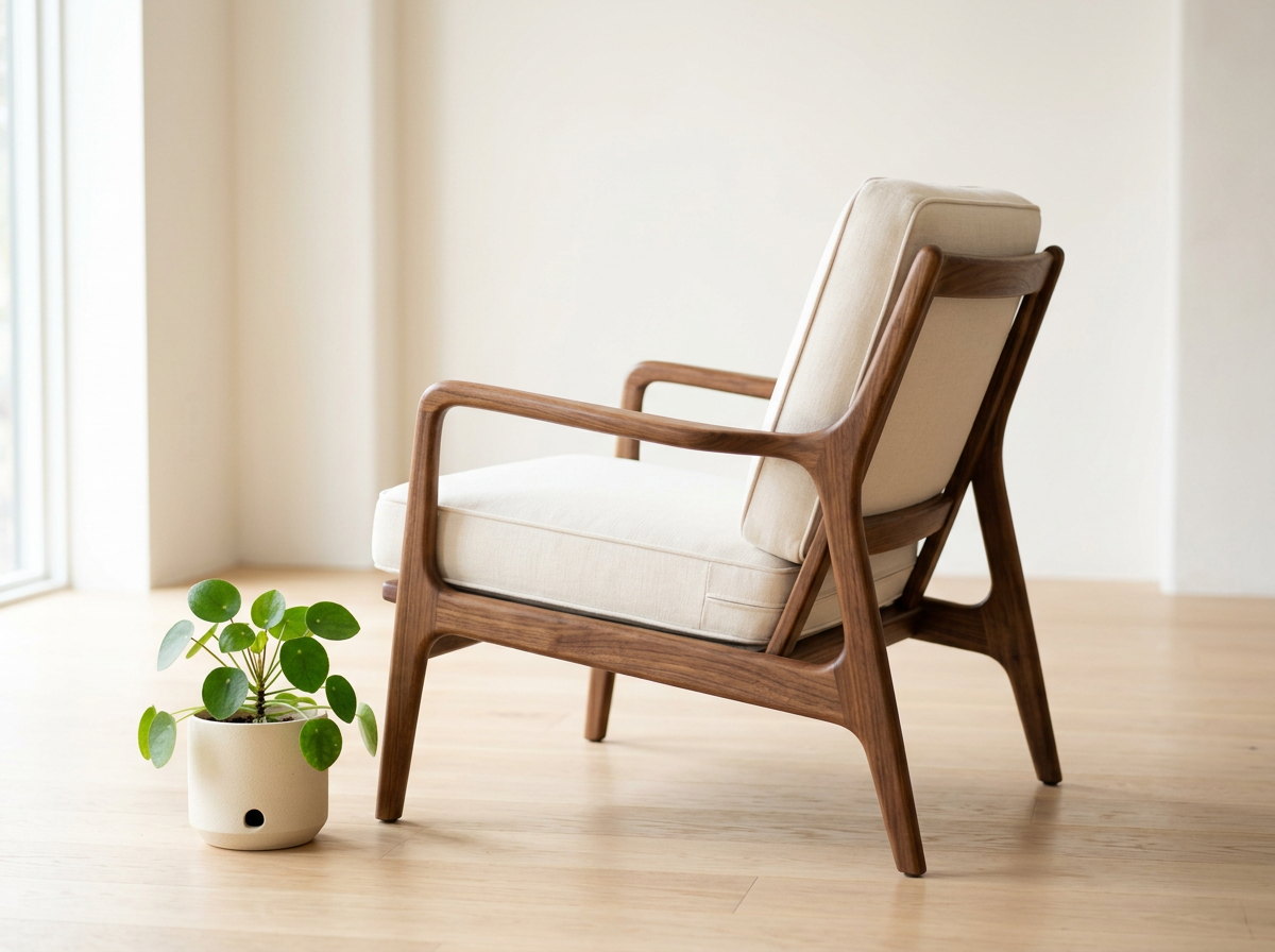 Walnut lounge chair with cream upholstery