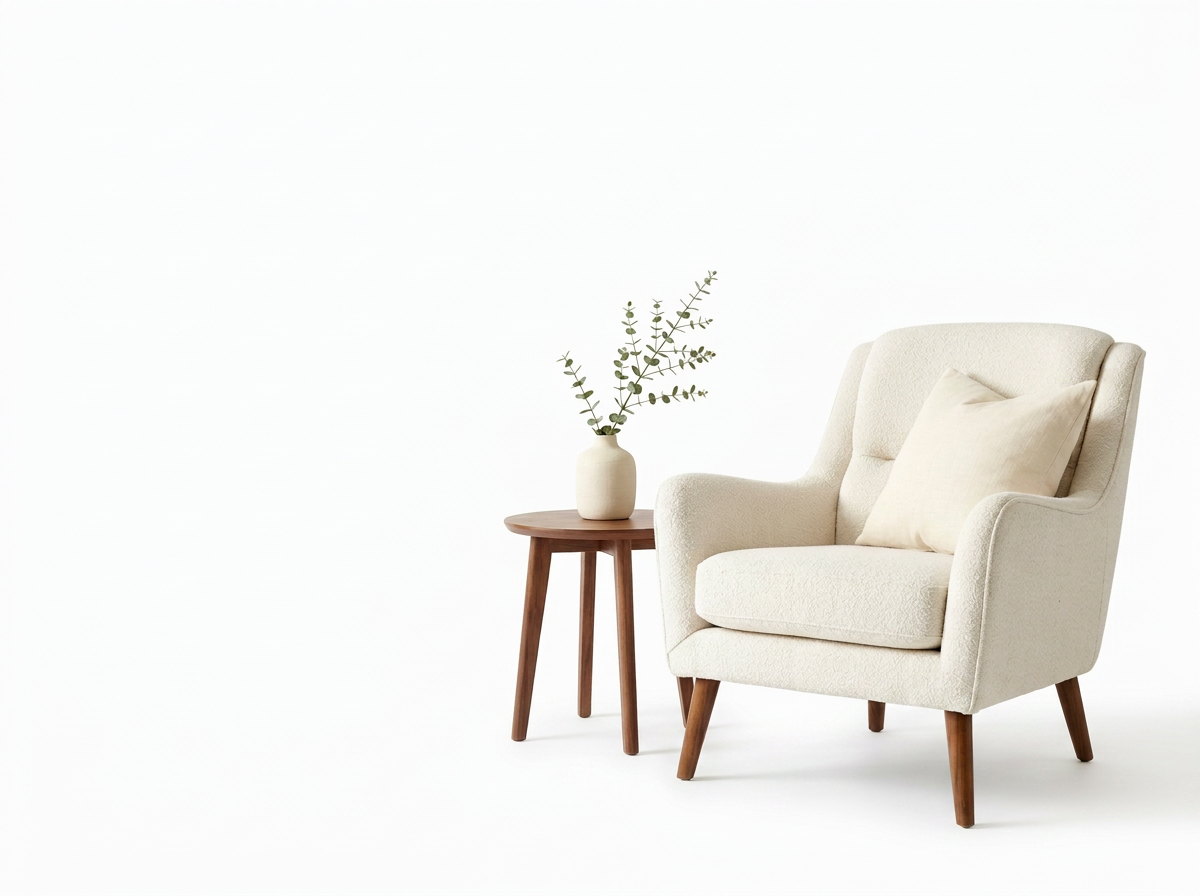 Custom upholstered chair with walnut side table